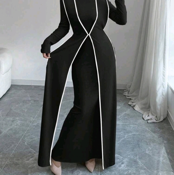 2pcs Set Knitted Ribbed Turtleneck Color Block Dress For Women - Picture 4 of 7